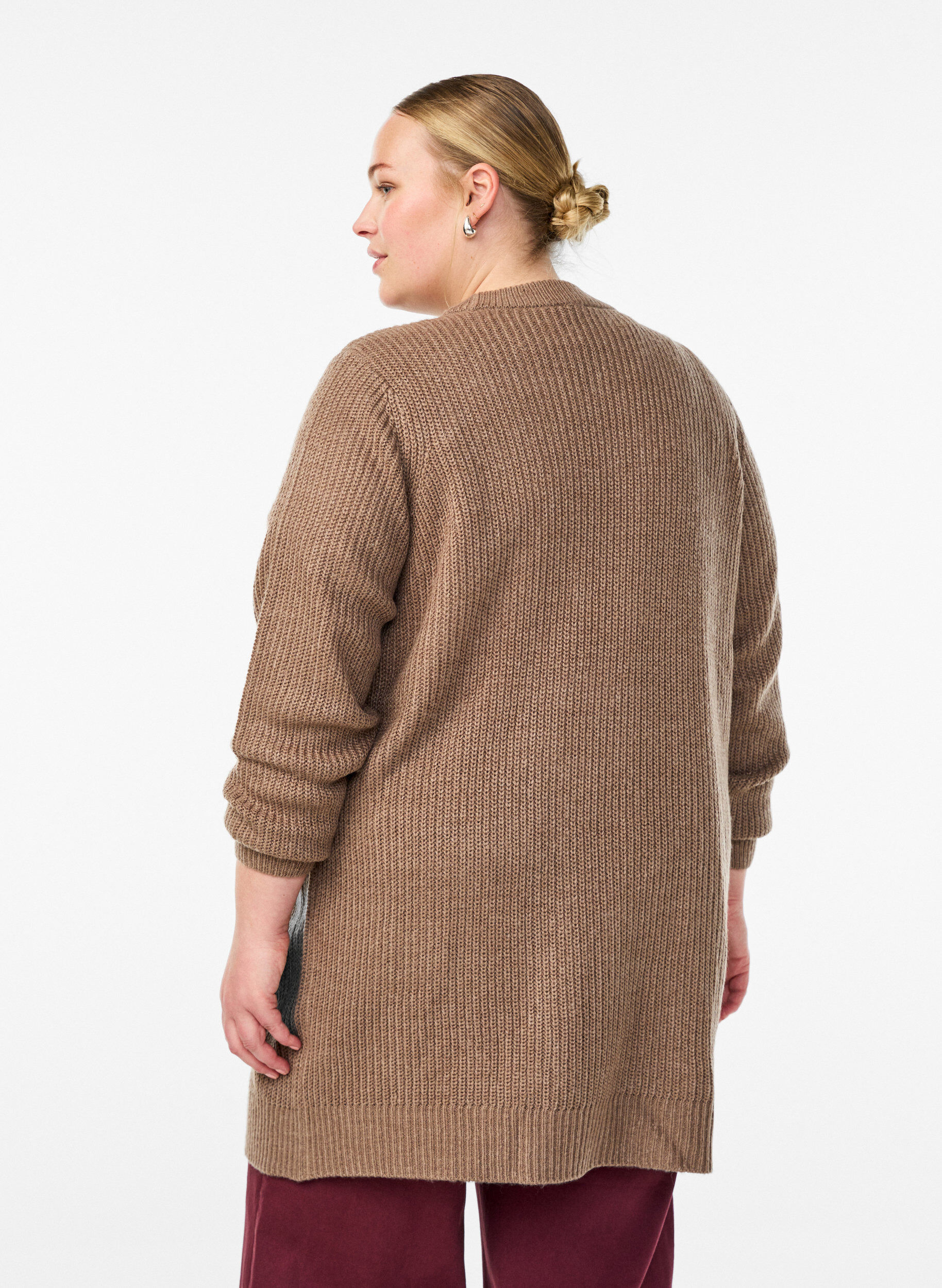 Zizzifashion FLASH - Long rib knit cardigan with pockets, Brown, Model image number 2