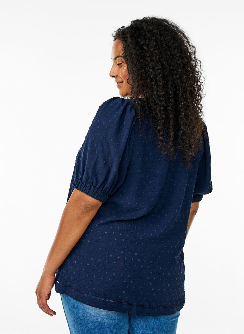 Blouse with short puff sleeves and dotted texture, Navy Blazer, Model image number 1