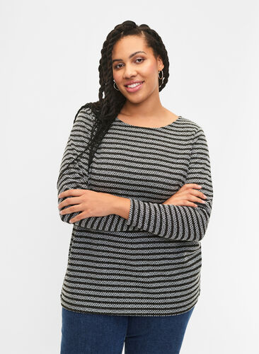 Round neck blouse with striped pattern, Black Stripe, Model image number 0