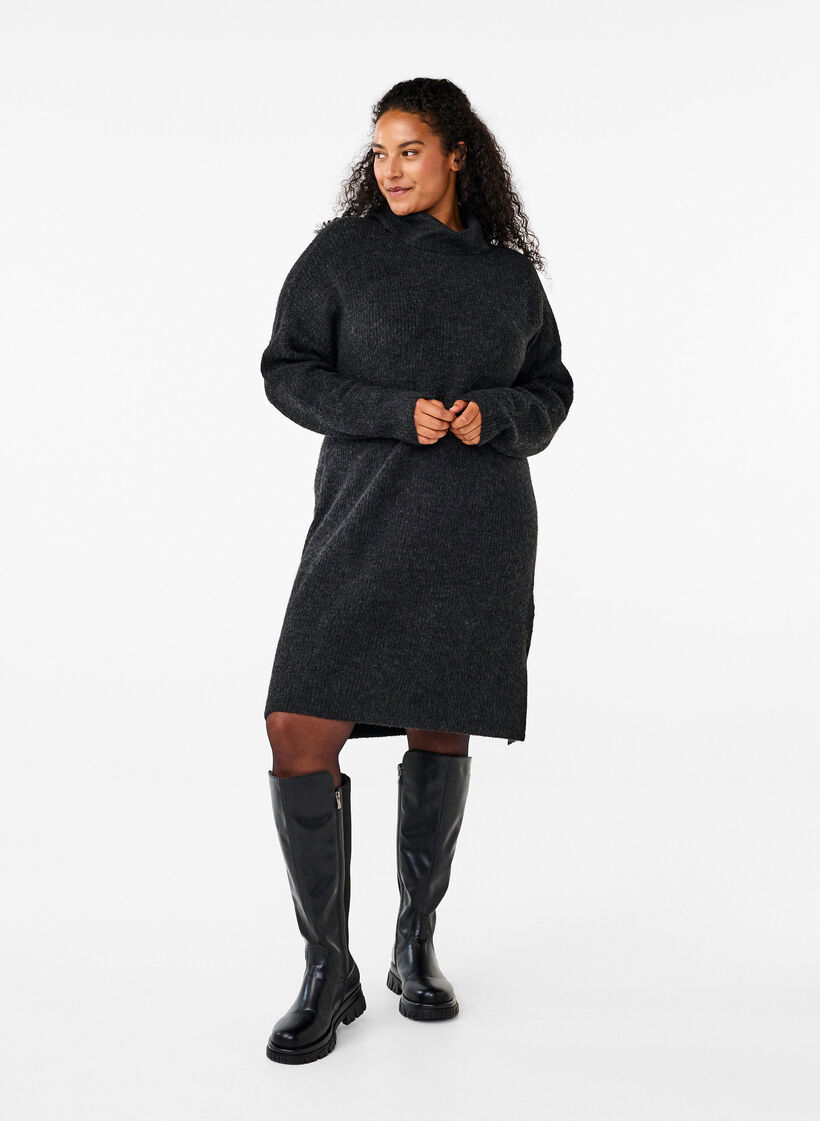 Knitted dress with turtleneck, Dark Grey, Model image number 1