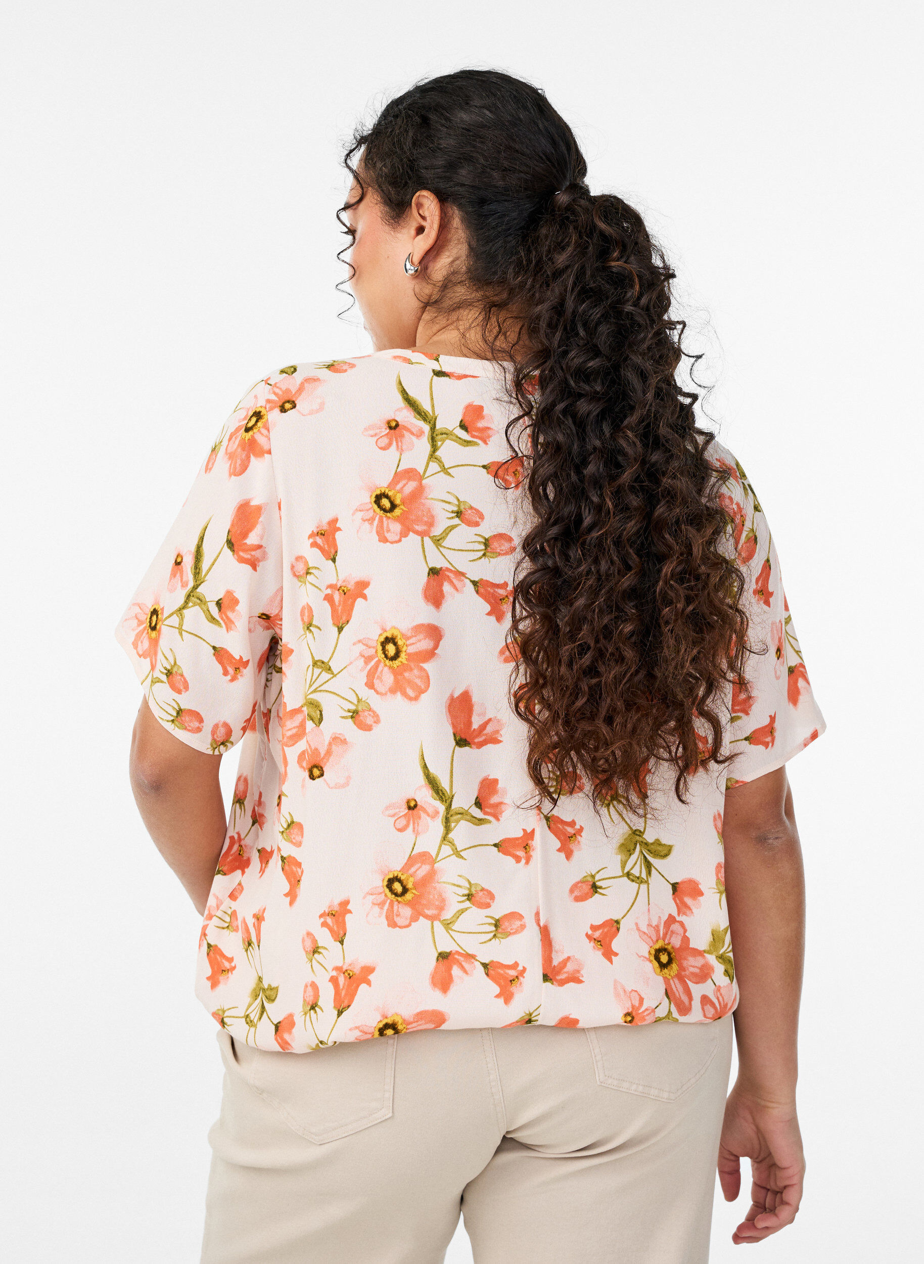ZizzifashionViscose blouse with floral print and short sleeves, Vanilla, Model image number 2