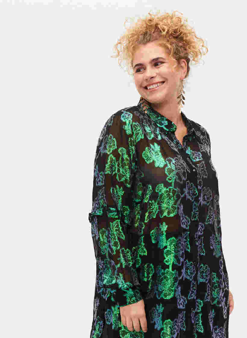 Long viscose shirt with lurex structure, Black W. Green Lurex, Model image number 1