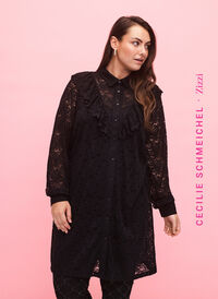Lace shirt dress with frills, Black, Model