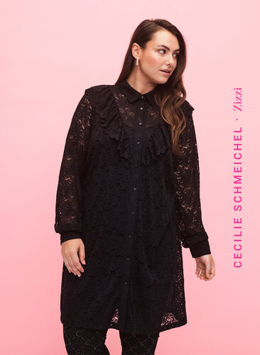 Lace shirt dress with frills, Black, Model image number 0