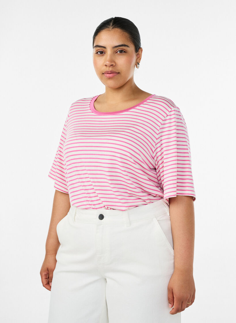 T-shirt with TENCEL&trade; Lyocell and stripes, Pink, Model image number 0