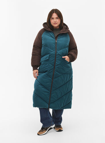 Long colorblock winter jacket with hood, Deep Teal Comb, Model image number 0