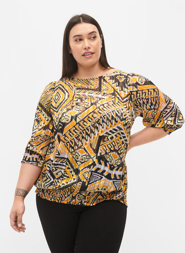 Printed top with smock and 3/4 sleeves, Yellow Aztec AOP, Model image number 0