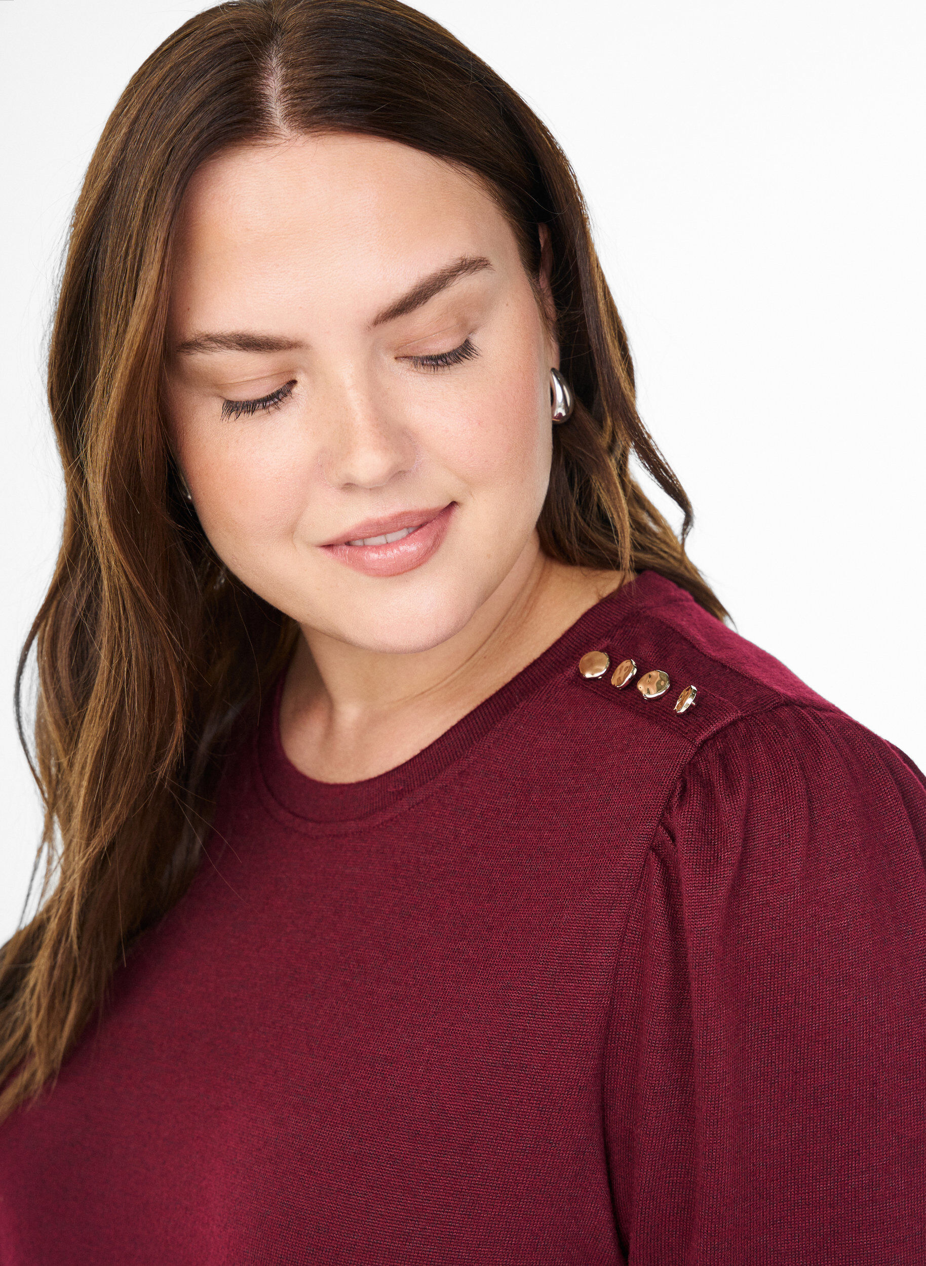 ZizzifashionBlouse with button detail and short puff sleeves, Dark Bordeaux, Model image number 3