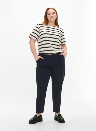 Short sleeve blouse with contrast-colored stripes, Sand Black Stripe, Model image number 2