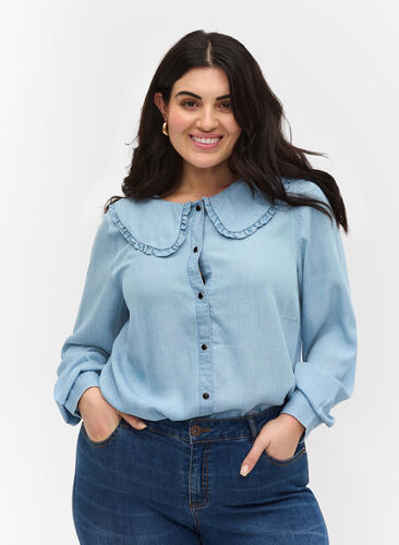 Shirt with large collar and ruffled trim, Light blue denim, Model image number 0