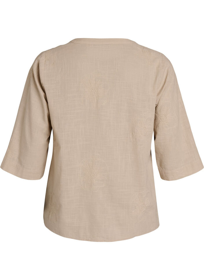Cotton blouse with embroidered details and 3/4 sleeves, Beige, Packshot image number 1