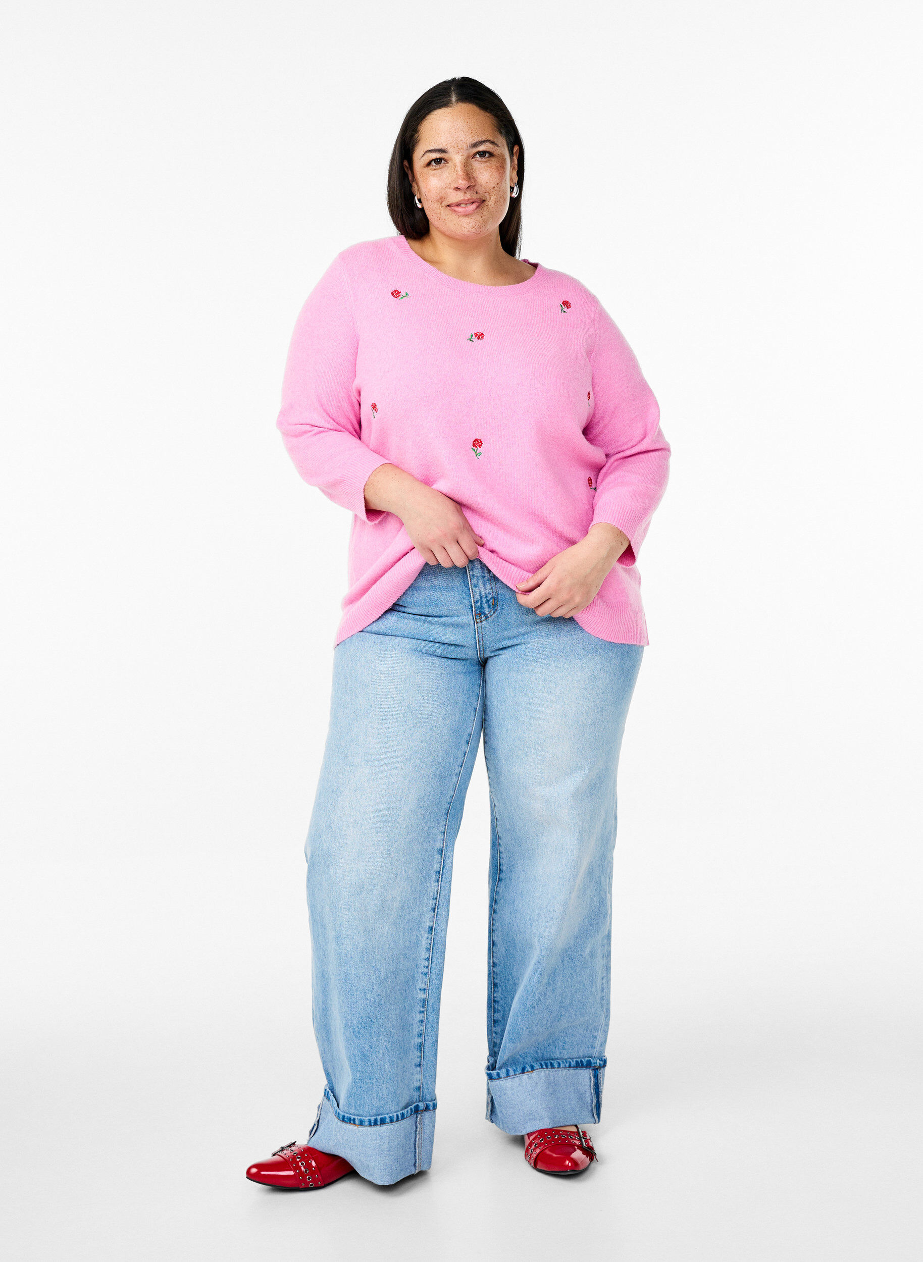 Zizzifashion Knitted blouse with flowers and 3/4 sleeves, Begonia Pink Mel., Model image number 2