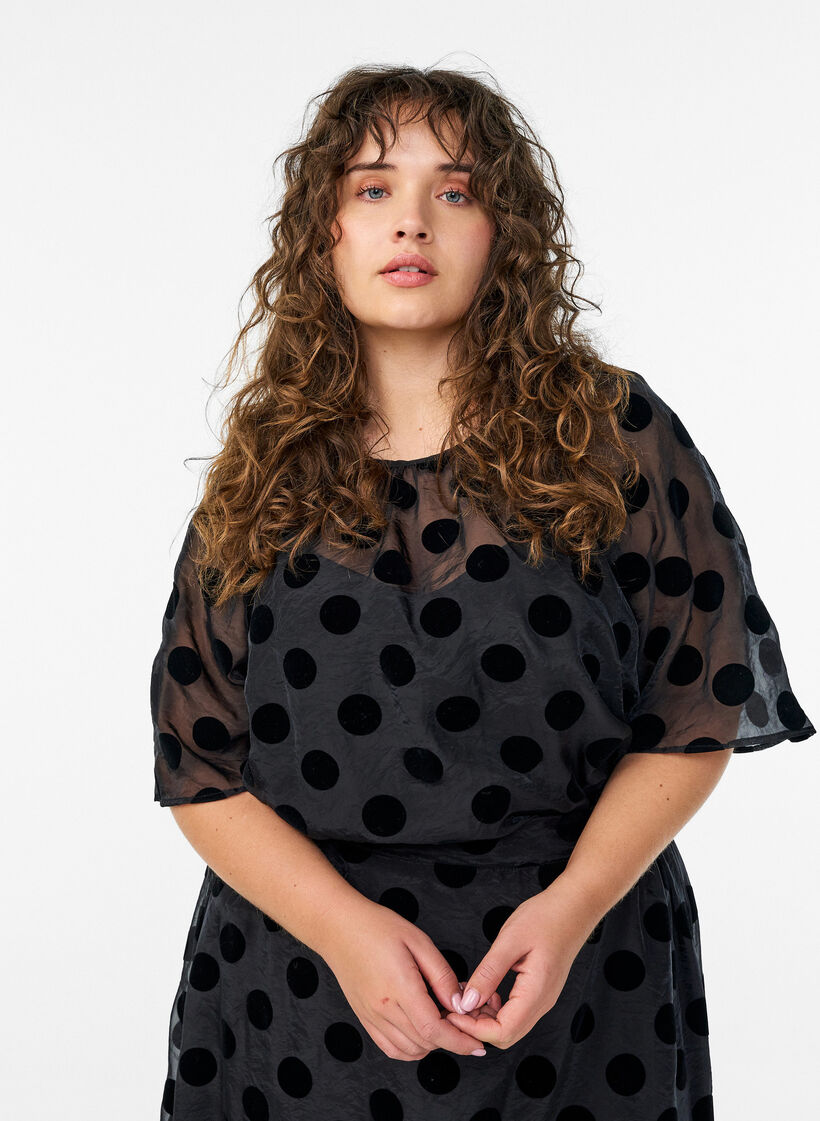 Party blouse in organza-look with velvet dots, Black, Model image number 0
