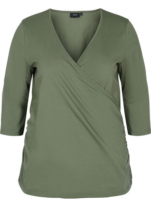 Cotton blouse with 3/4-length sleeves and wrap, Thyme, Packshot image number 0