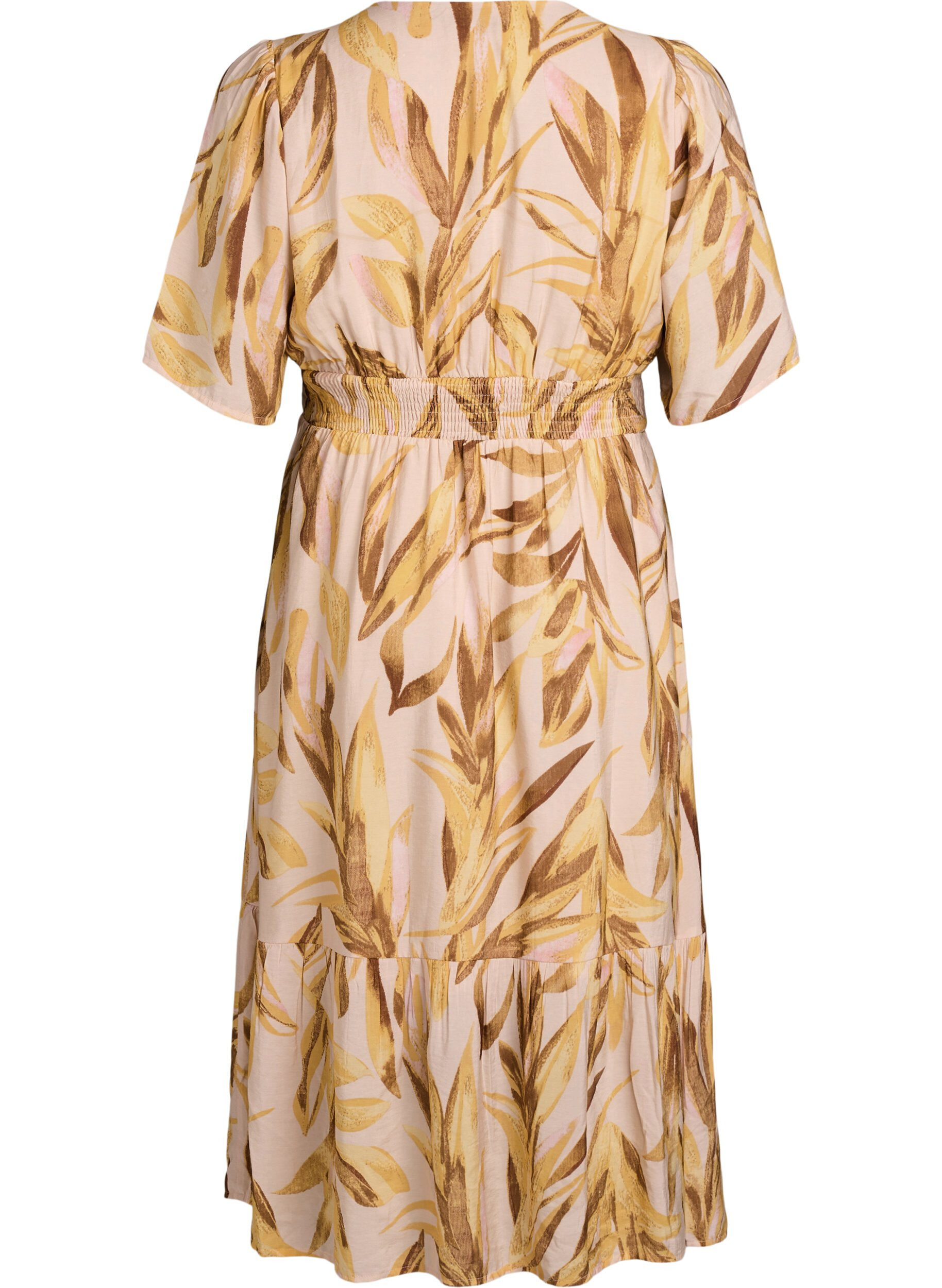 ZizzifashionViscose midi dress with leaf print and smocked waist, Yellow, Packshot image number 1