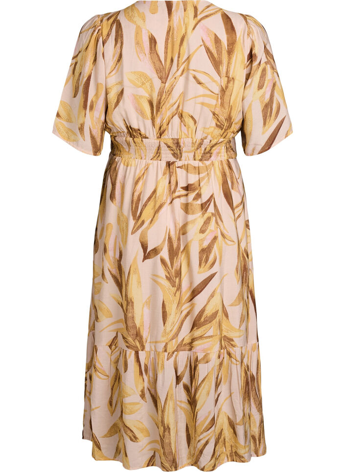 Viscose midi dress with leaf print and smocked waist, Yellow, Packshot image number 1