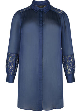 Long shirt with lace details, Evening Blue, Packshot image number 0