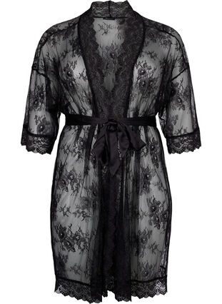 Short lace dressing gown, Black, Packshot image number 0