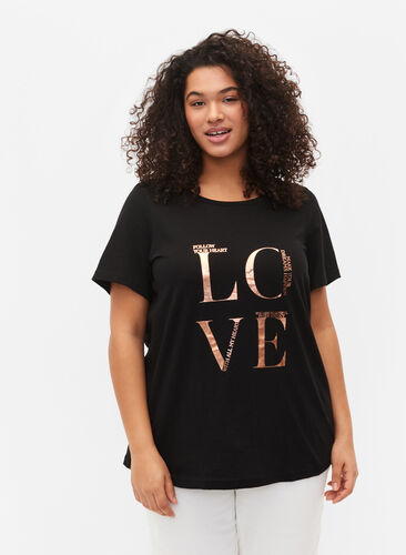 	 Short sleeve cotton t-shirt with print, Black W. Love , Model image number 0