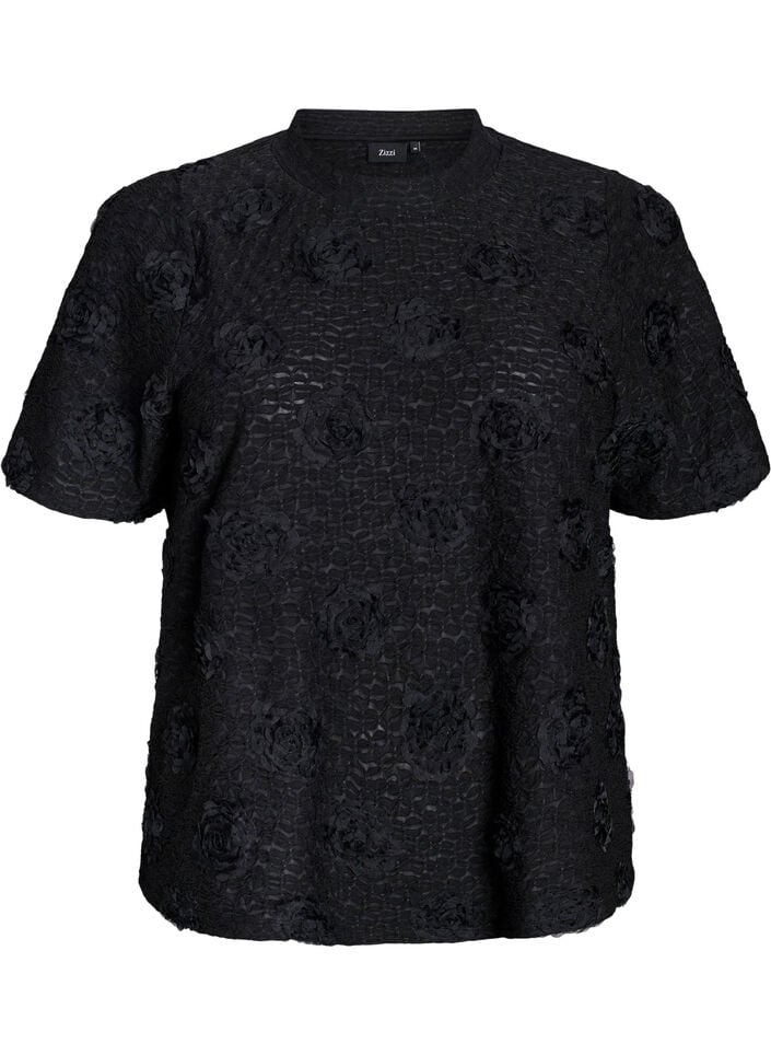 Blouse with 3D flowers and short sleeves, Black, Packshot image number 0