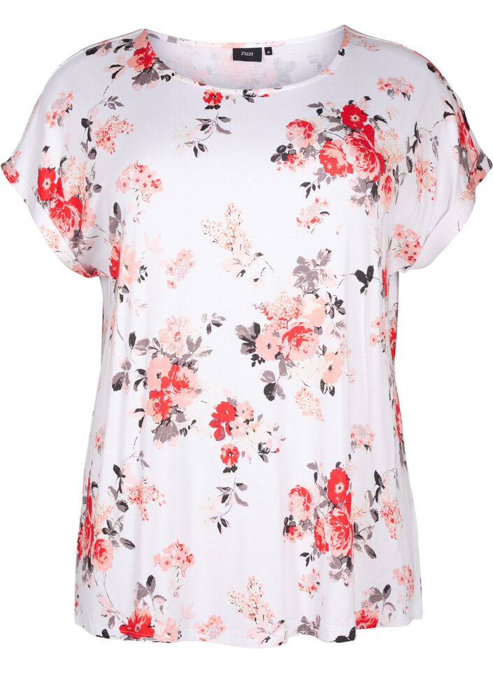 Floral viscose blouse with short sleeves, White AOP flower, Packshot image number 0