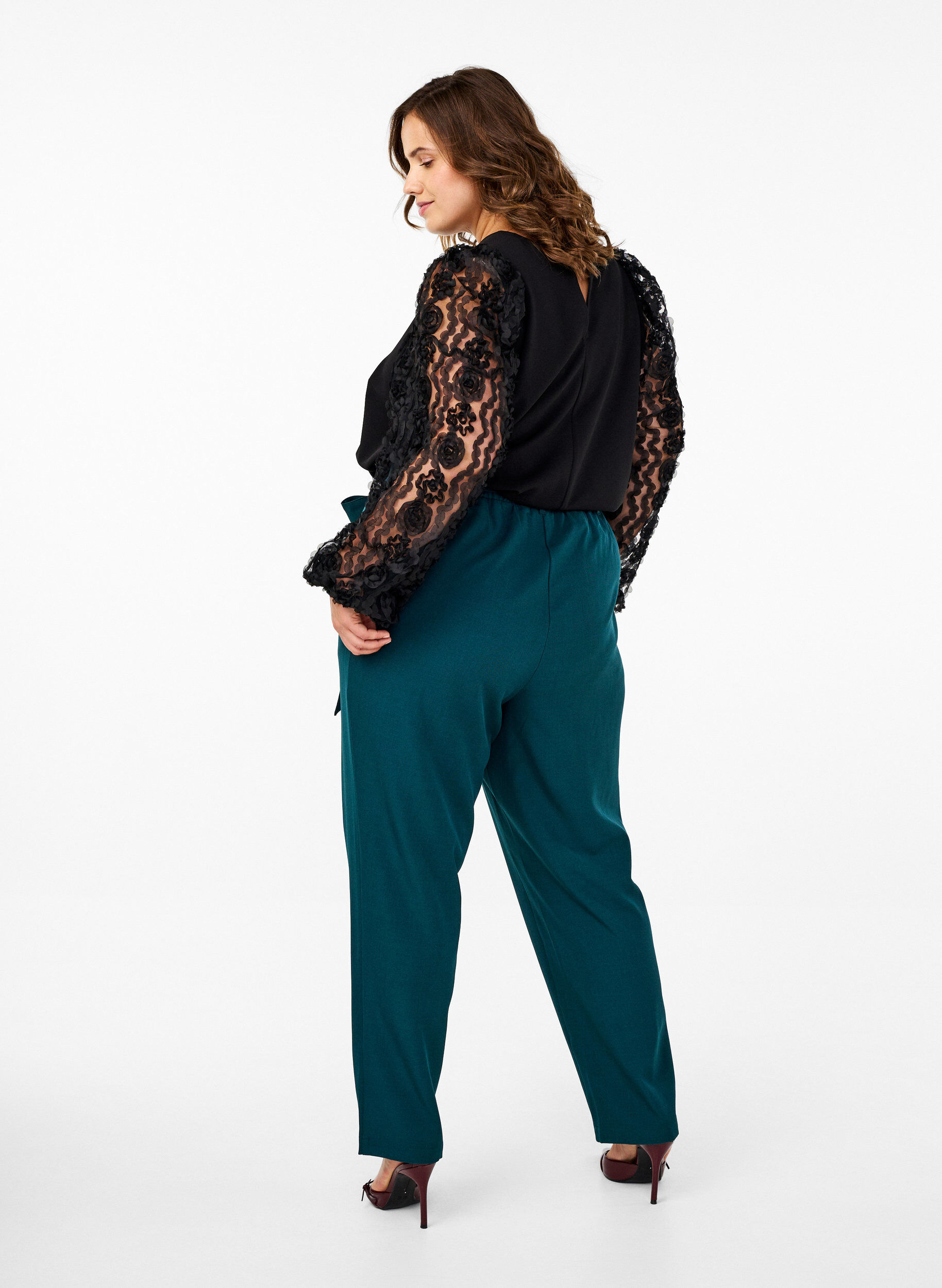 Zizzifashion High-waisted trousers with ruffles and a tie belt, Sea Moss Melange, Model image number 1