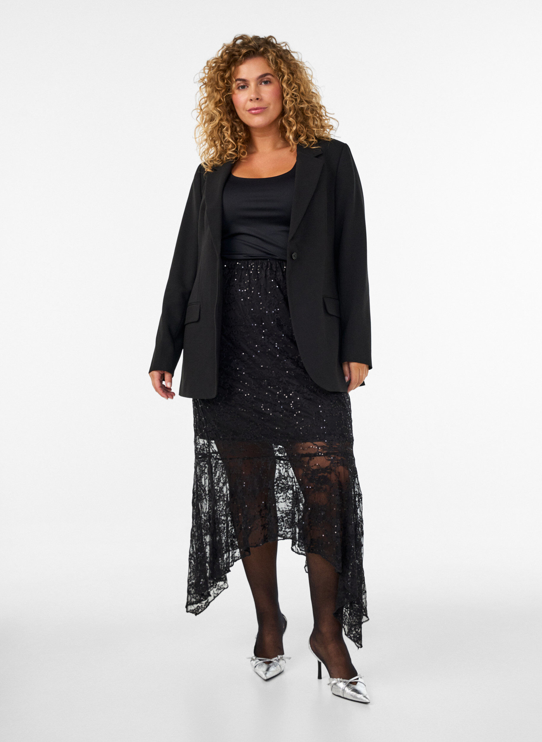 ZizzifashionLace midi skirt with sequins, Black, Model image number 1