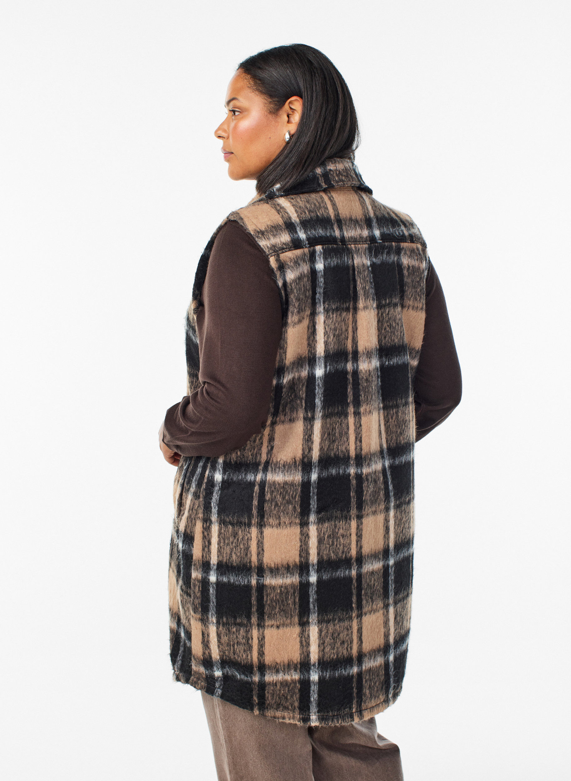 Zizzifashion Long checked vest in brushed quality, Brown, Model image number 2