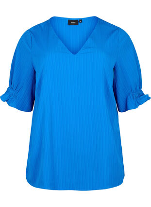 Striped blouse with short sleeves, Victoria blue, Packshot image number 0