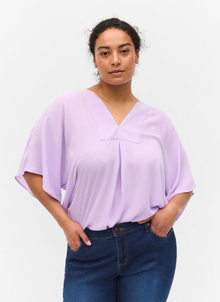 V-neck blouse with batwing sleeves, Lavendula, Model image number 0