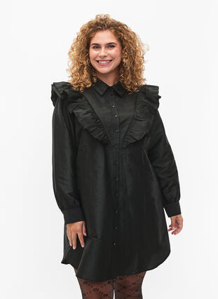 Solid colored shirt with ruffle detail, Black, Model image number 0