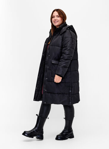 Long puffer jacket with pockets and hood, Black, Model image number 2