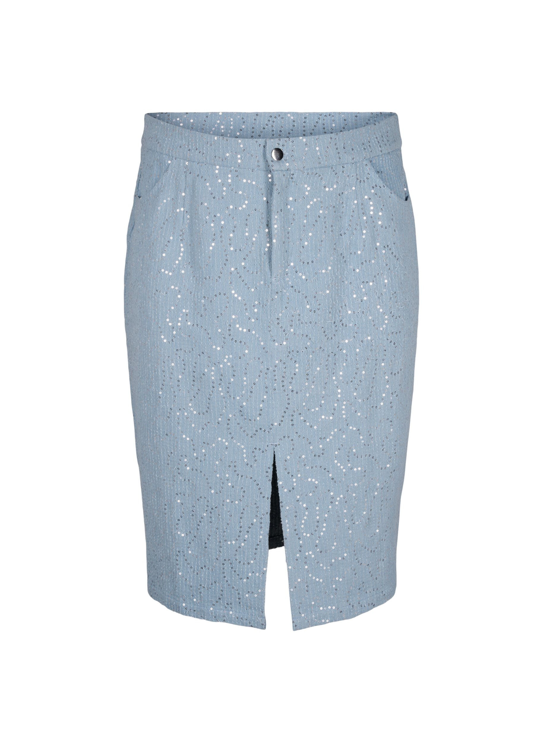 Zizzifashion Denim skirt with slit and sequins, Light Blue Denim, Packshot image number 0