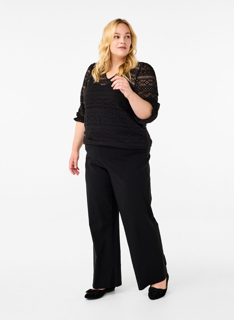 Blouse with hole pattern and 3/4 sleeves, Black, Model image number 1