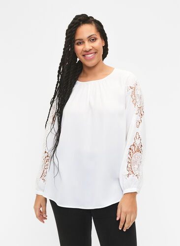 Long sleeve blouse with crochet details, Bright White, Model image number 0