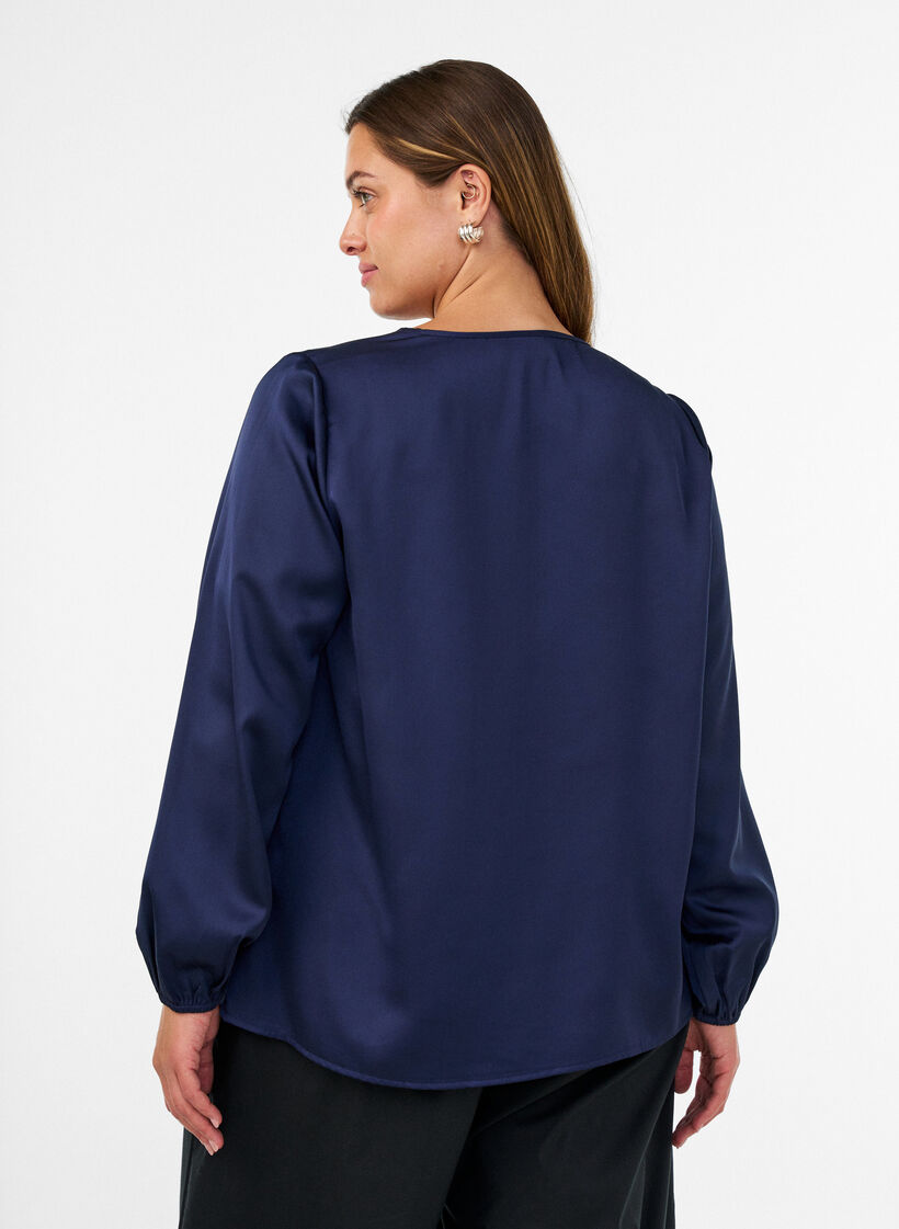 Satin blouse with lace appliqu&eacute; and pearls, Blue, Model image number 2