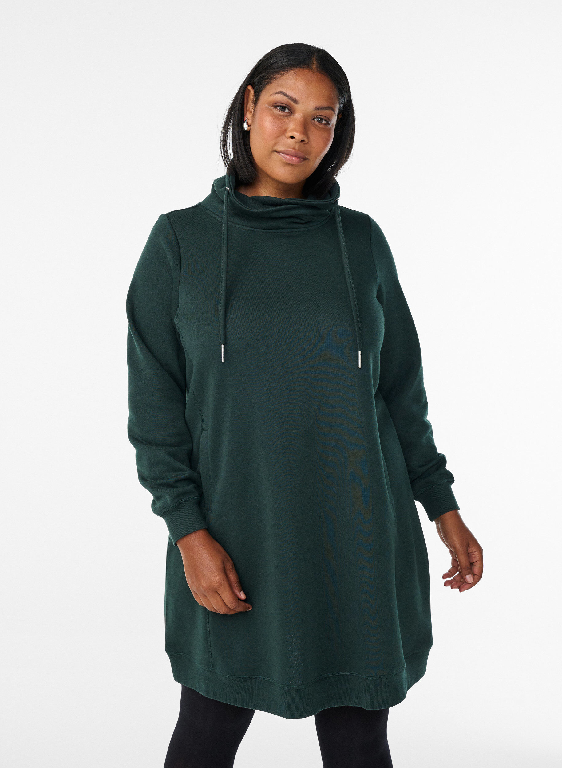 Zizzifashion Short sweatshirt dress with high collar and pockets, Green, Model image number 0