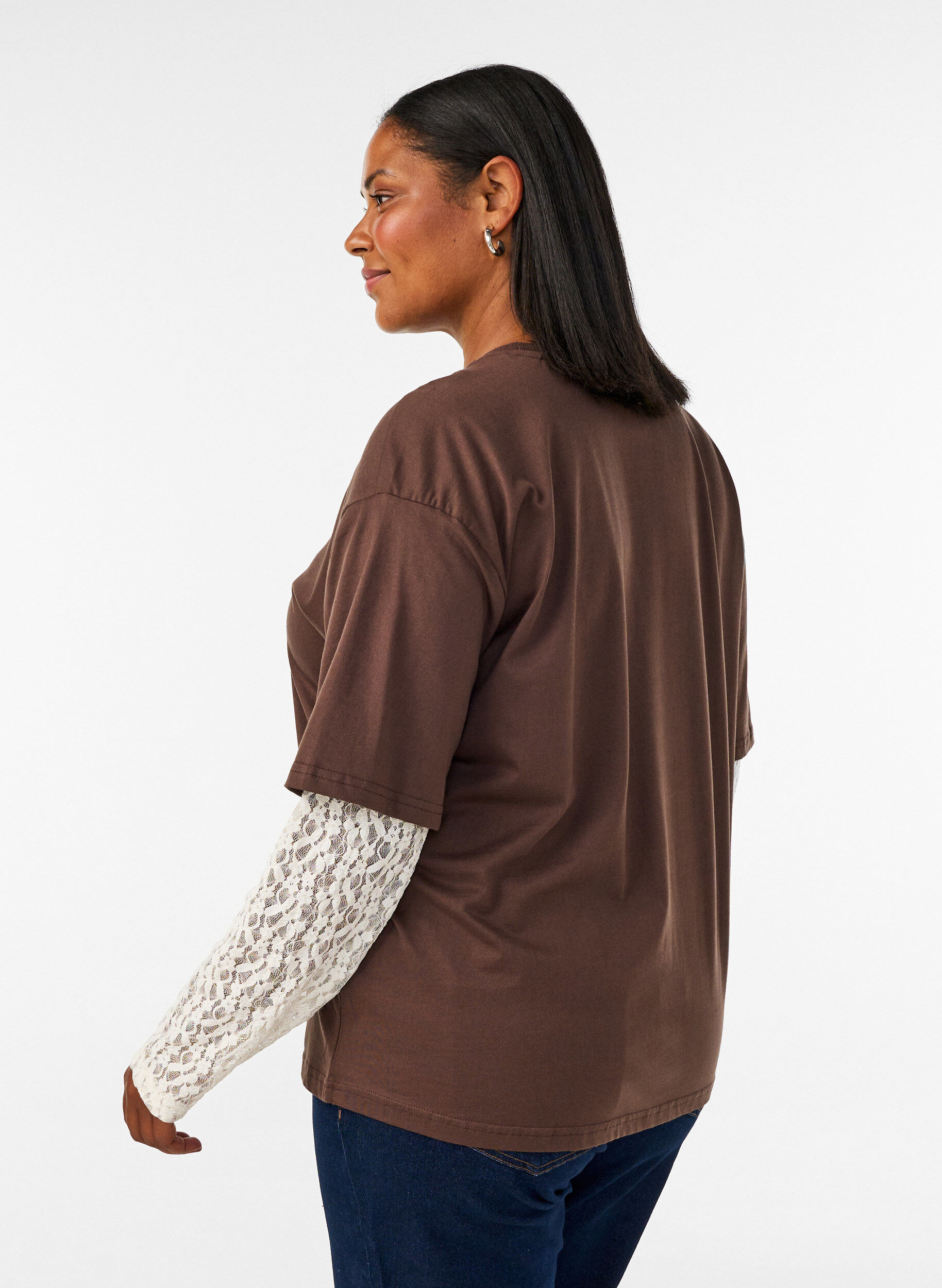 ZizzifashionLoose t-shirt with long lace sleeves, Brown, Model image number 2