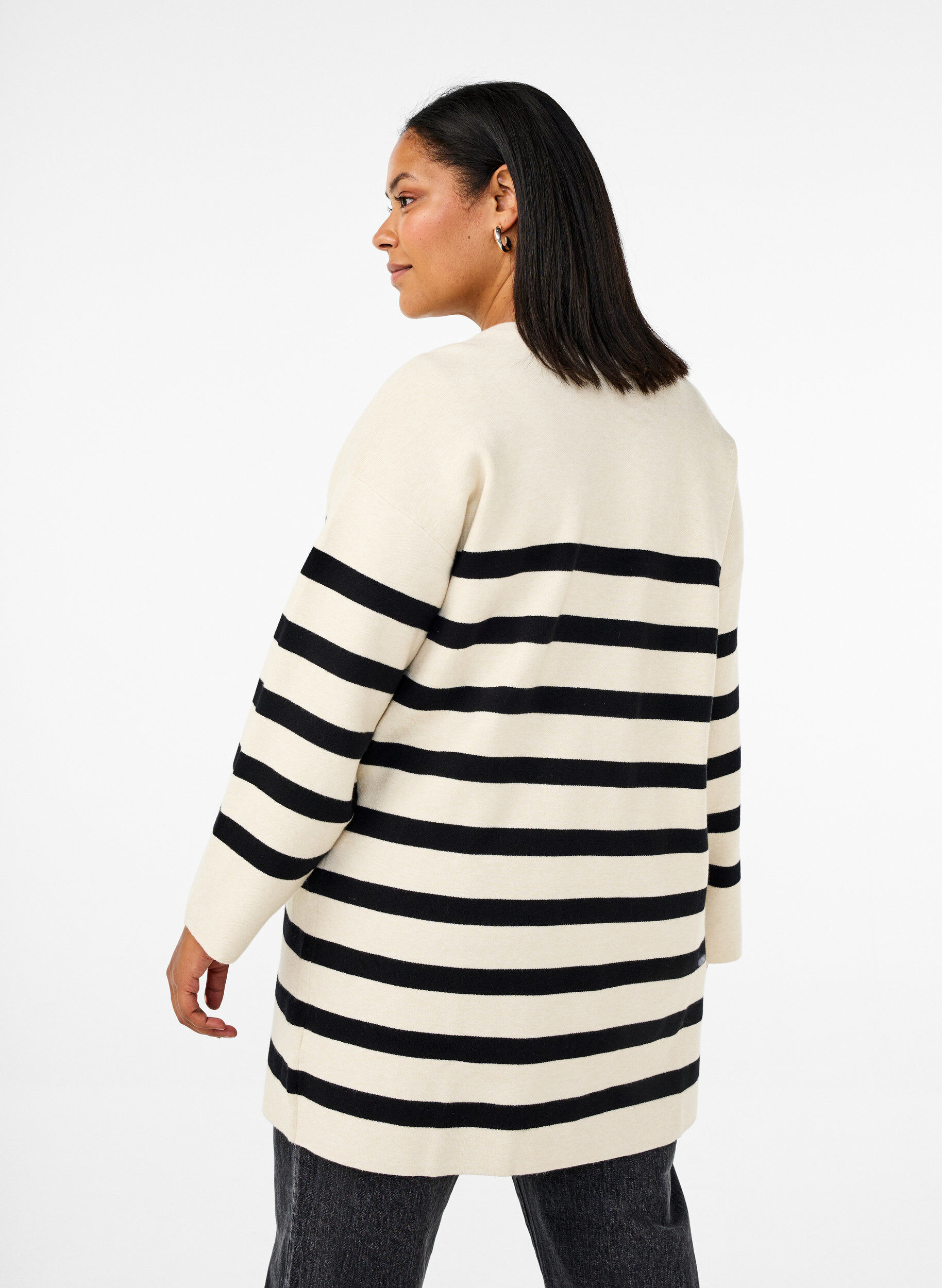 Zizzifashion Long striped knitted cardigan, Birch w/Black, Model image number 1