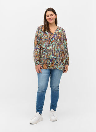 Printed viscose shirt blouse, Dusty Jade Green AOP, Model image number 2
