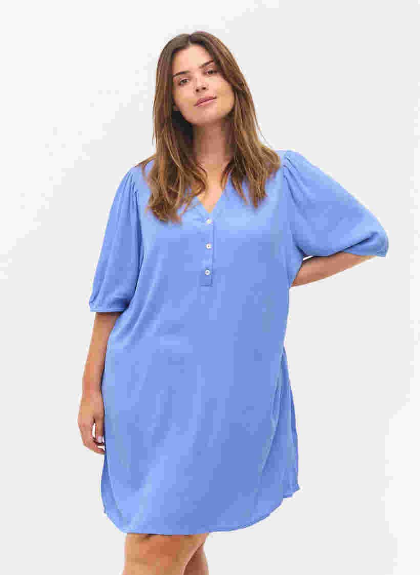 Viscose tunic with V-neck and buttons, Wedgewood, Model image number 0
