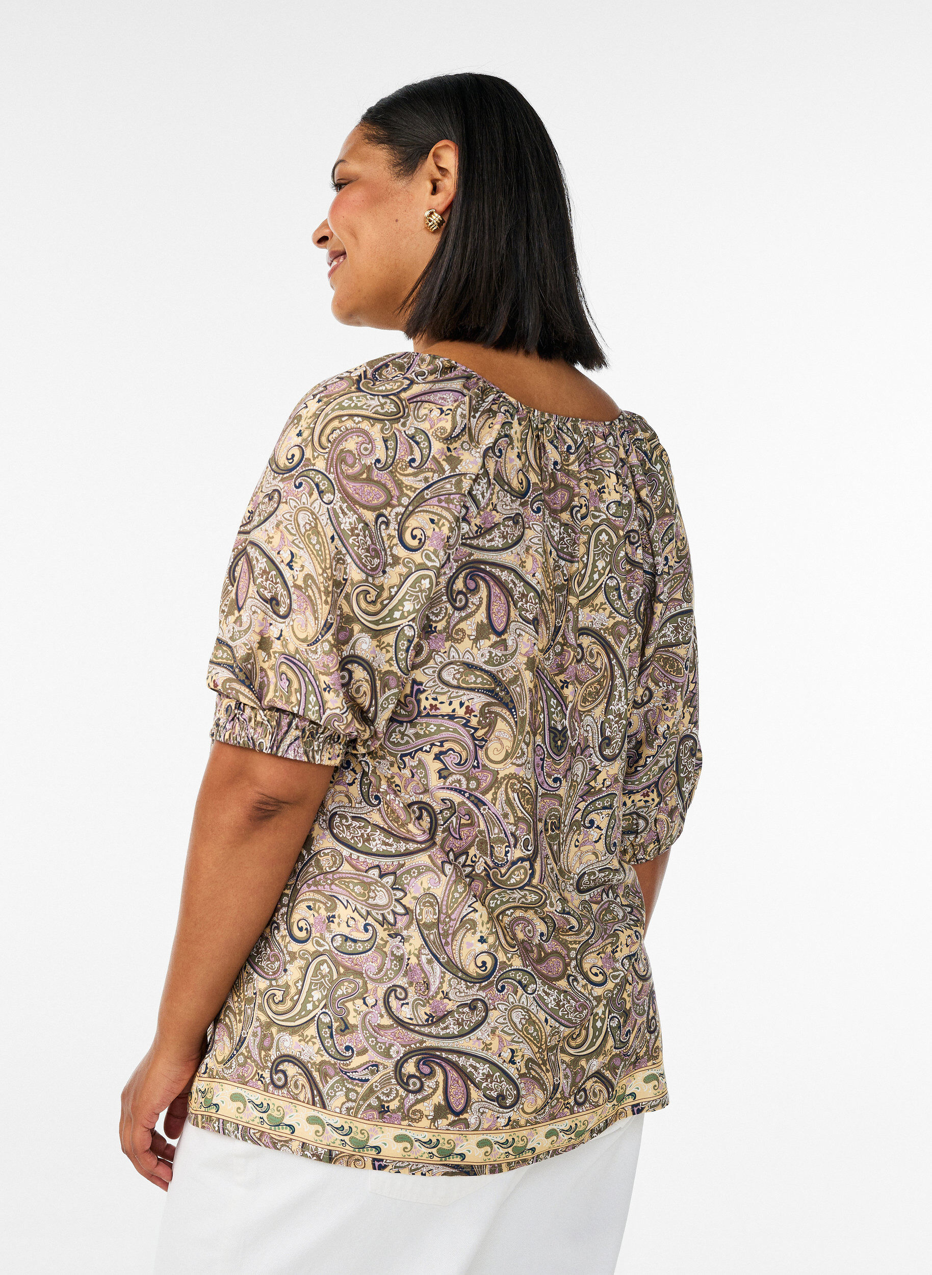 ZizzifashionViscose blouse with paisley print and tie-string, Yellow, Model image number 2