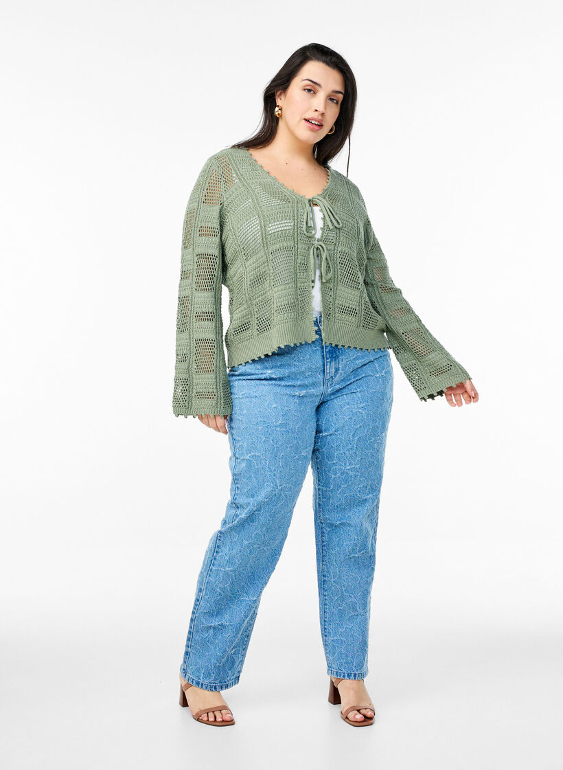 Knitted cardigan with ties and an openwork pattern, Green, Model image number 1