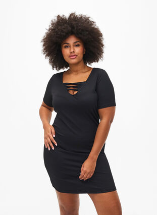 Tight-fitting dress with V-neck and strap detail, Black, Model image number 0