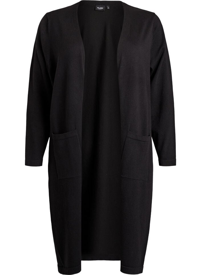 FLASH - Long, open cardigan with pockets, Black, Packshot image number 0