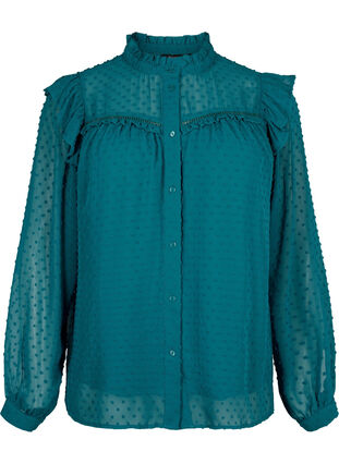 Shirt blouse with ruffles and dotted texture, Shaded Spruce, Packshot image number 0