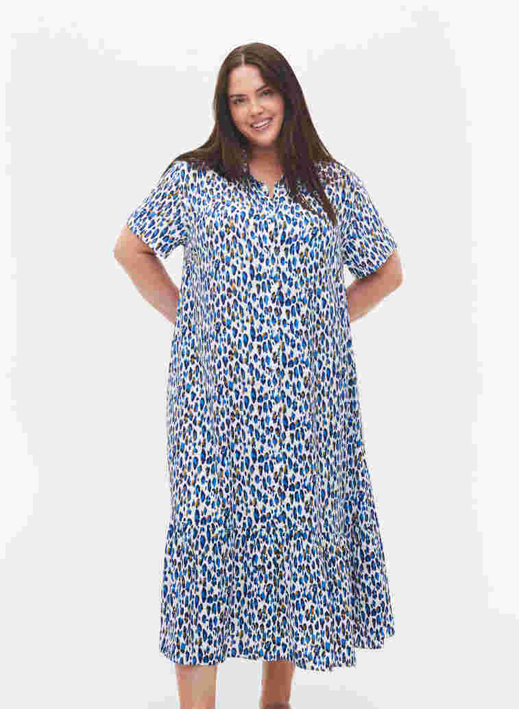 short-sleeved viscose midi dress, Blue Leo AOP, Model image number 0