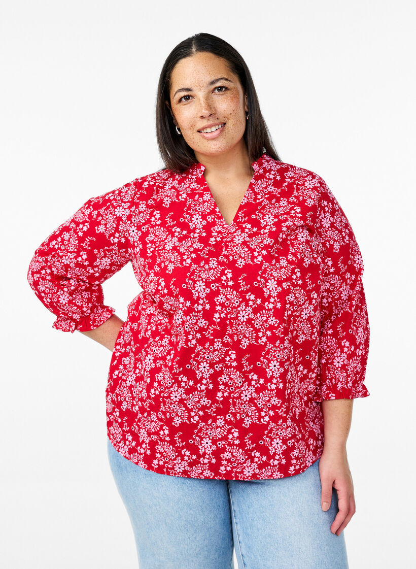 Cotton blouse with floral print, Red, Model image number 0