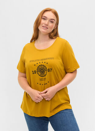 Short-sleeved cotton t-shirt with print, Harvest Gold, Model image number 0