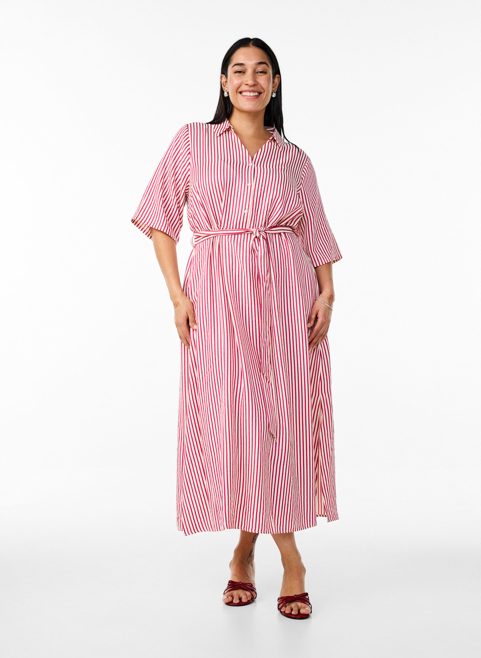 ZizzifashionAnkle-length shirt dress with tie belt and stripes, Pink, Model image number 0